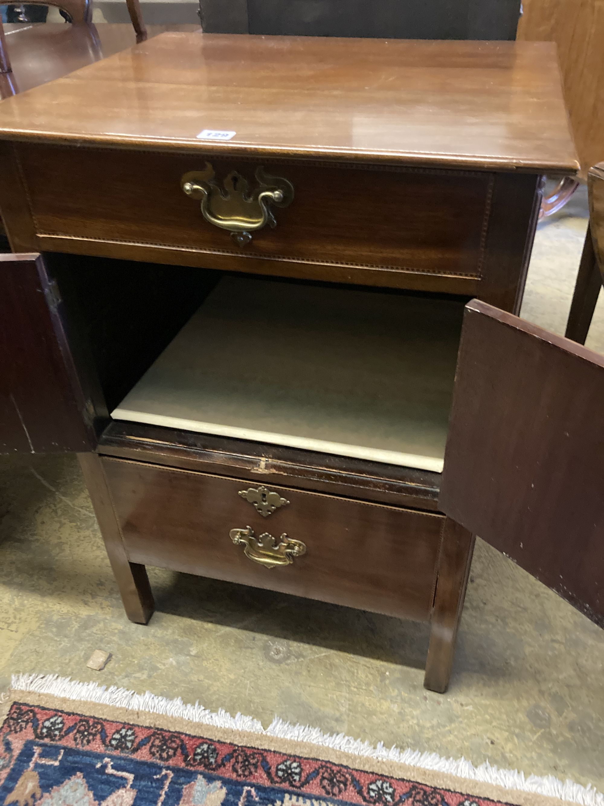 A George III mahogany bedside cabinet, width 60cm, depth 54cm, height 85cm